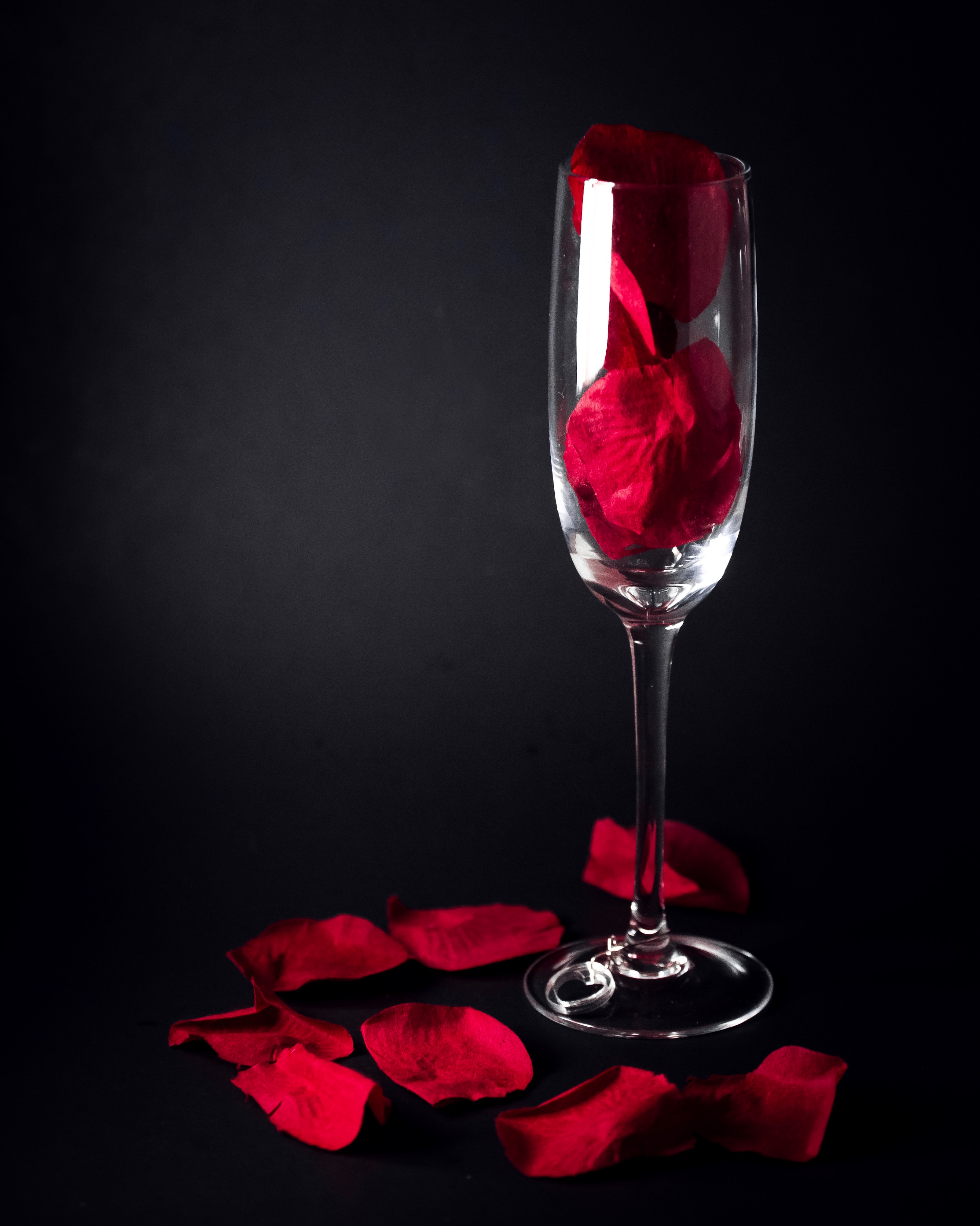 Champagne flute with rose petals inside and around.